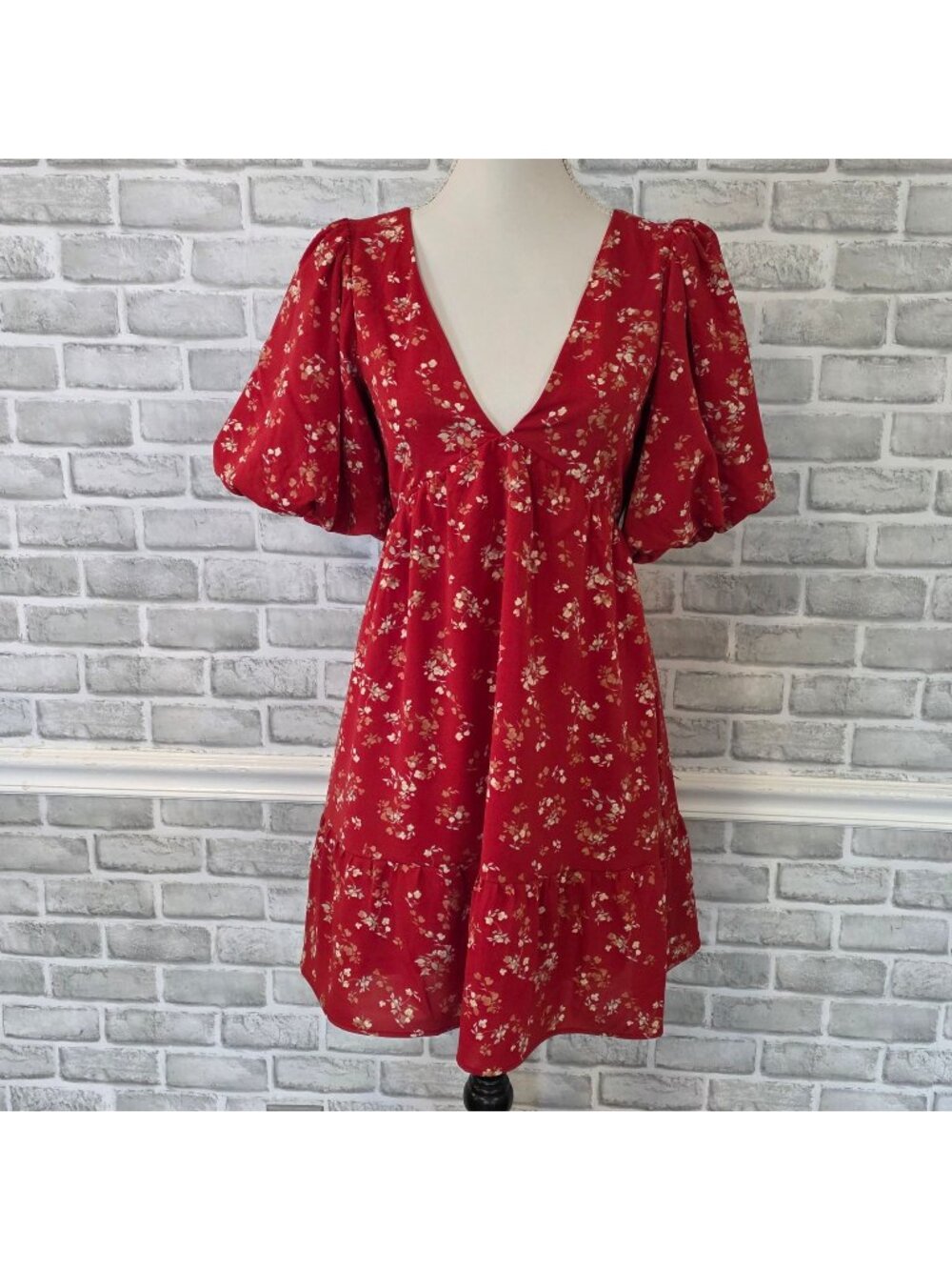 Bohme Dress S Red Floral Retro Pinup Rockabilly Puff Sleeve Mini